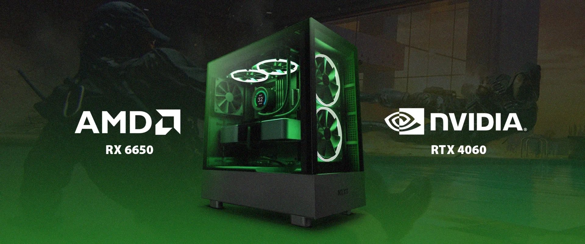 Imagem de um computador gamer ao centro, com os nomes das placas de video da AMD RX 6650 XT e Nvidia RTX 4060 em cada lado