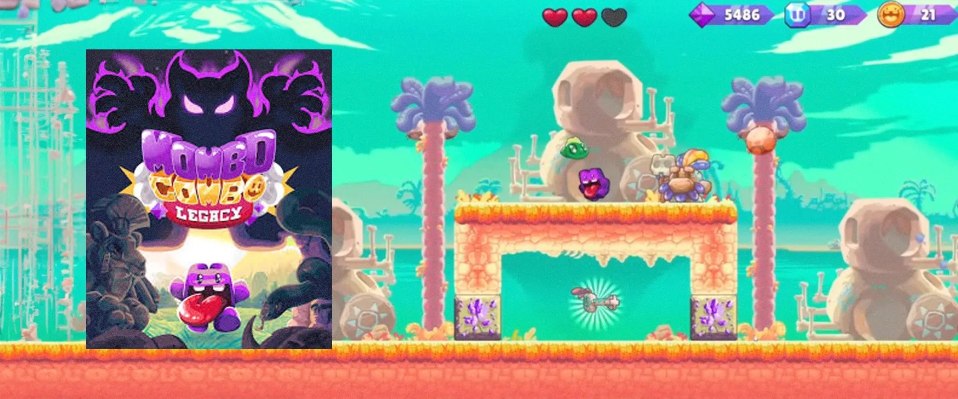 Capa do jogo Mombo Combo Legacy à esquerda, e captura do jogo ao fundo