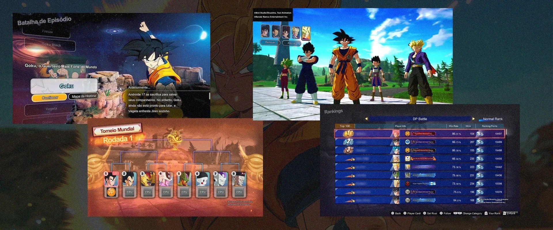 Quatro Imagens de Dragon Ball Sparking Zero, mostrando os diferentes modos de jogo