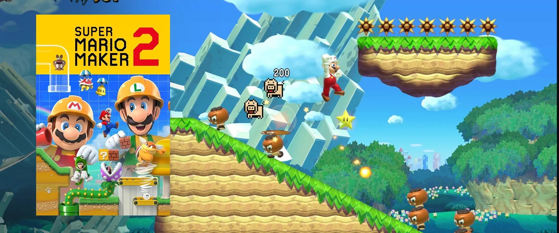 Capa de Super Mario Maker 2 à esquerda, imagem do jogo ao fundo