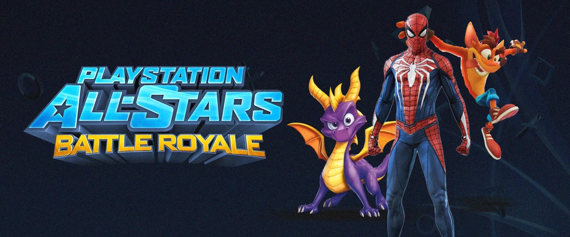Capa mostrando o logo de PlayStation All-Star Battle Royale à esquerda e imagem dos personagnes Spyro, Spiderman e Crash Bandicoot à direita