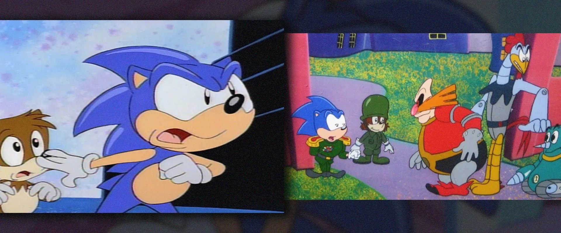 Capturas da primeira animação de Sonic the Hedgehog, mostrando, Tails e Sonic à esquerda, e Sonic e Robotnic à direita, além de personagens secundários