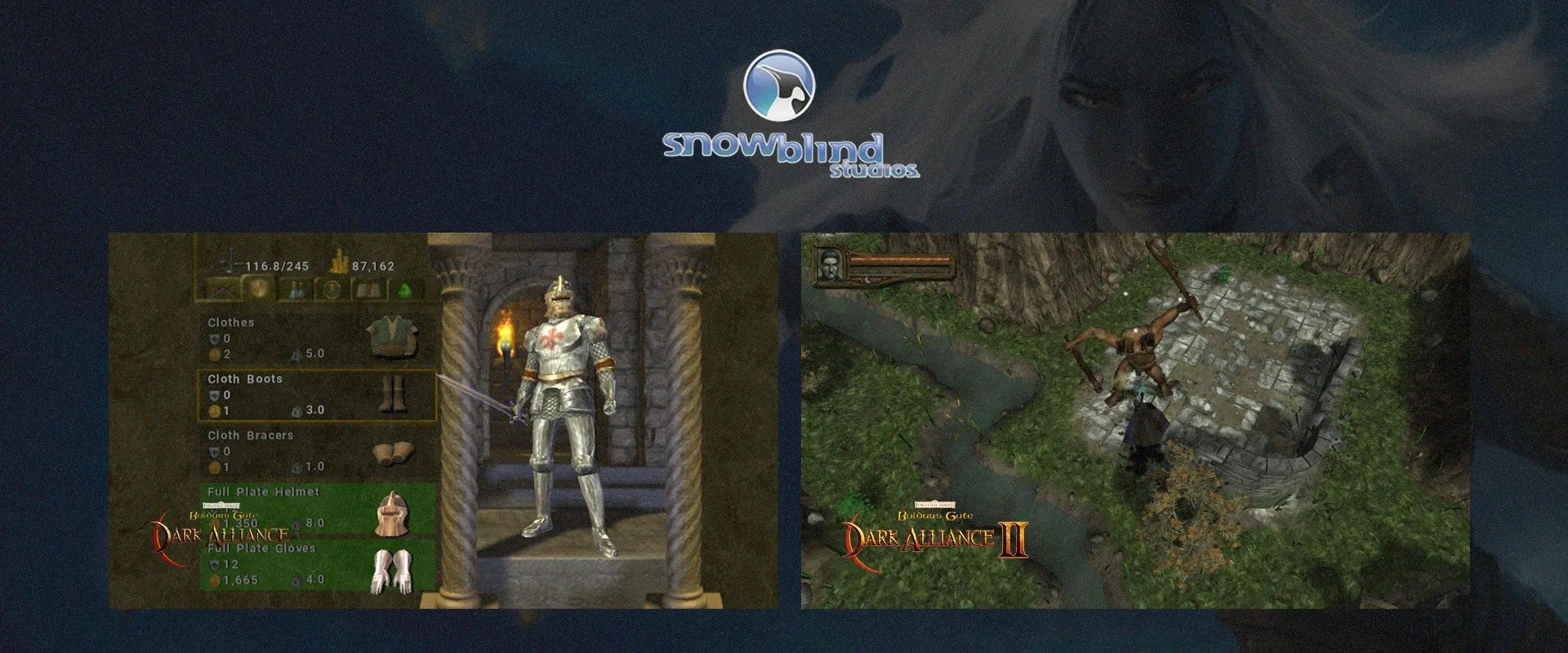 Logo de Snowblind Studios na parte superior ao centro, e imagens do jogo Baldur's Gate: Dark Alliance 1 à esquerda e Dark Alliance 2 à direita
