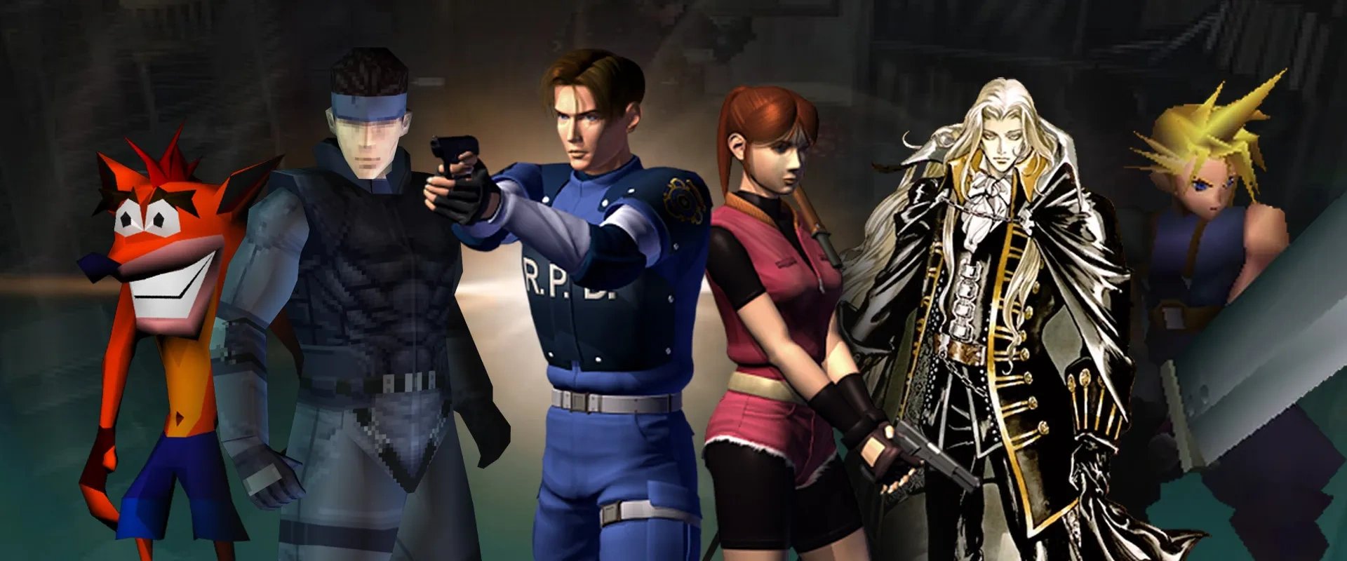Imagem dos protagonistas de diversas franquias de jogos do PlayStation da esquerda para à direita: Crash Bandicoot, Solid Snake, Leon S. Kennedy e Claire Redfield, Alucard e Cloud Strife