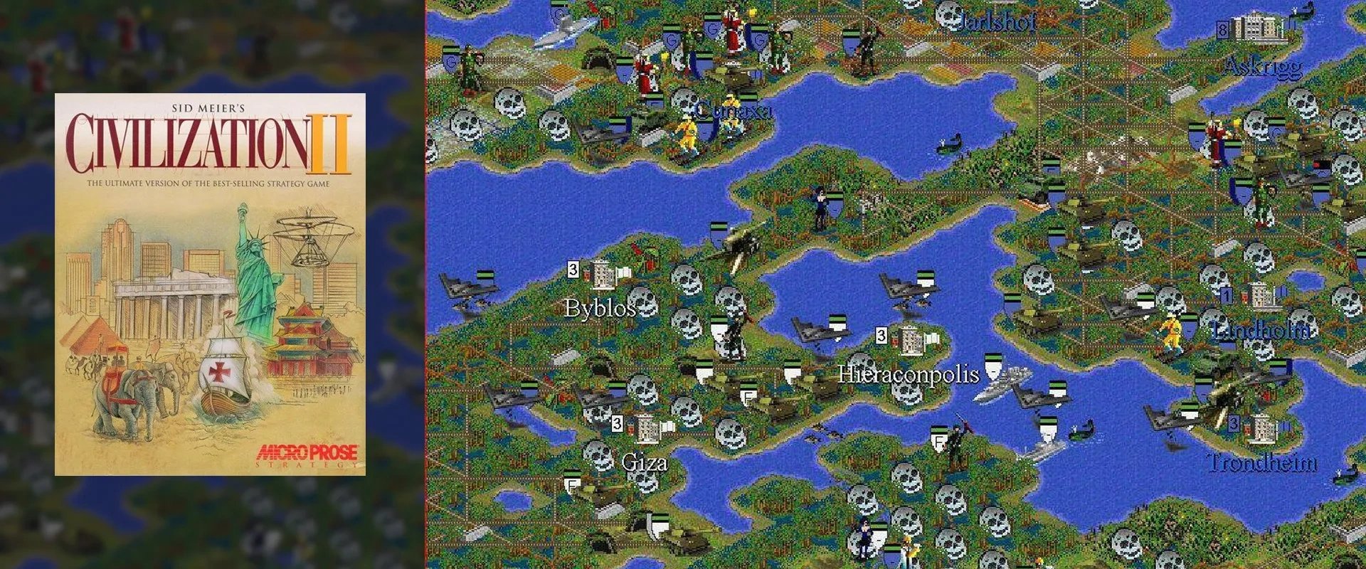 Imagem da capa do jogo Civilization II à esquerda e imagem do jogo ao fundo