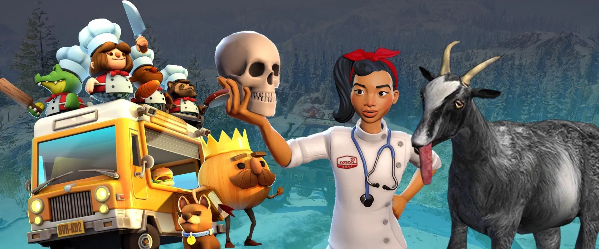 Imagem de personagens de jogos como Overcooked, Goat Simulator e outros