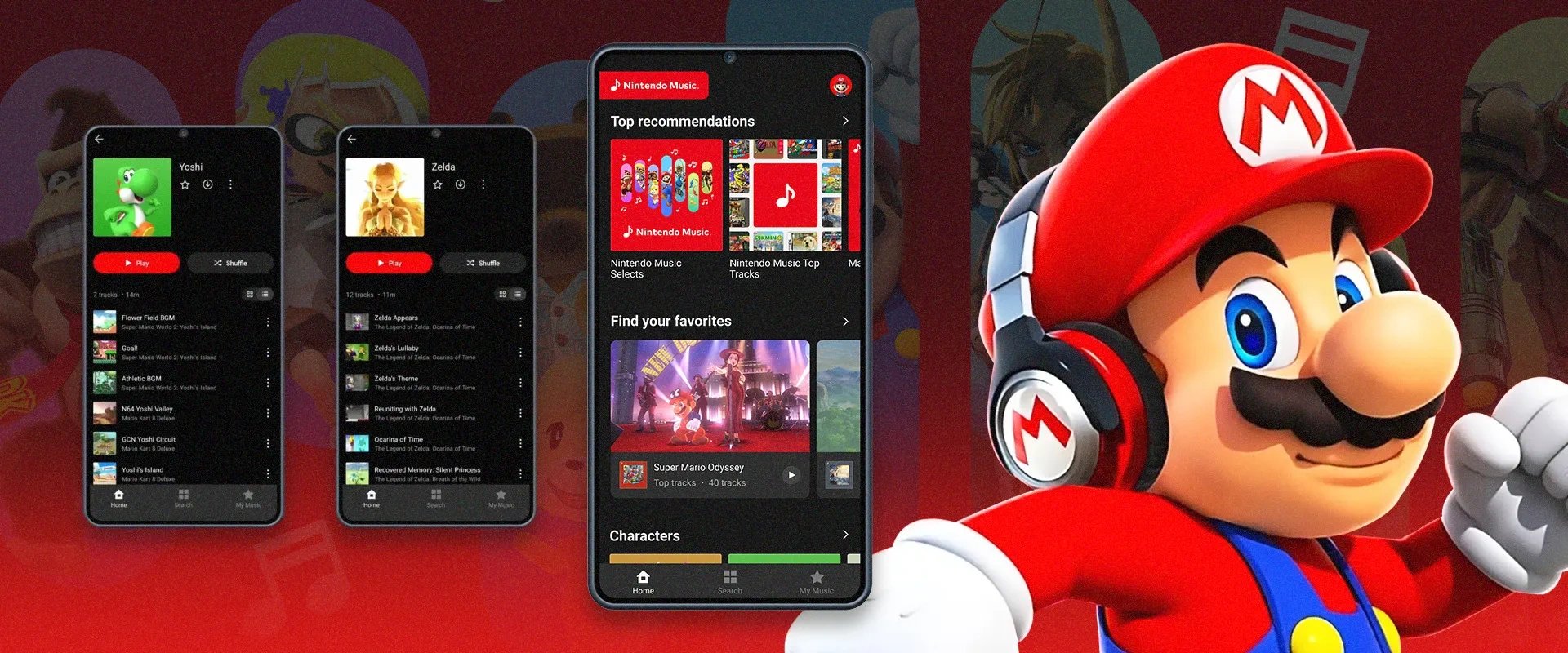 Imagens de celulares com o aplicativo Nintendo Music funcionando à esquerda, e uma imagem do Mario com headphones à direita