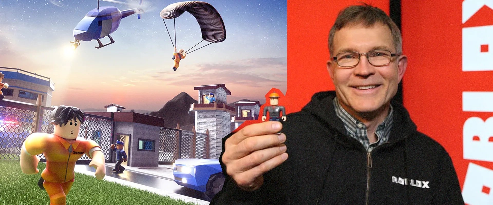 Imagem de modos de jogo do Roblox à esquerda, com o fundador David Bazucki à direita