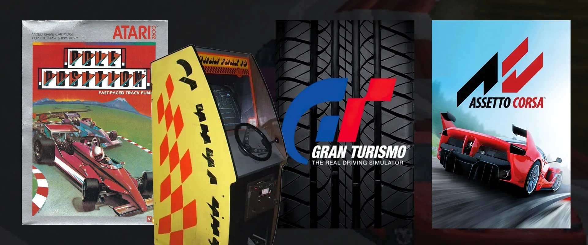 Imagem dos jogos Pole Position À esquerda, Gran Turismo ao centro e Assetto Corsa à direita