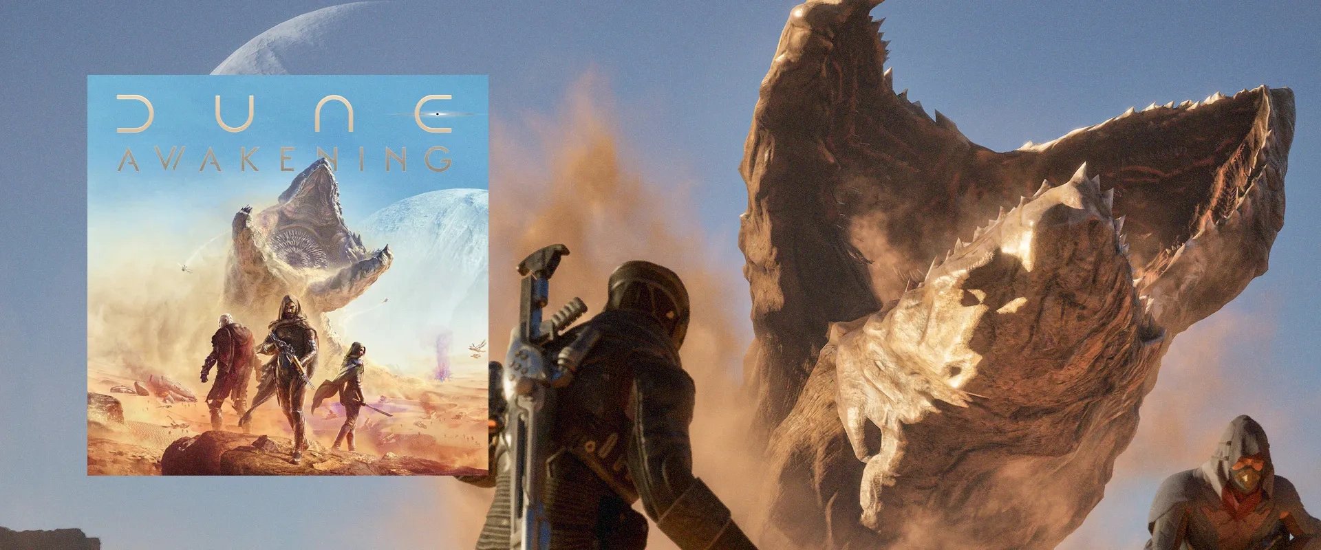 Capa do jogo Dune à esquerda, imagem do trailer do jogo ao fundo