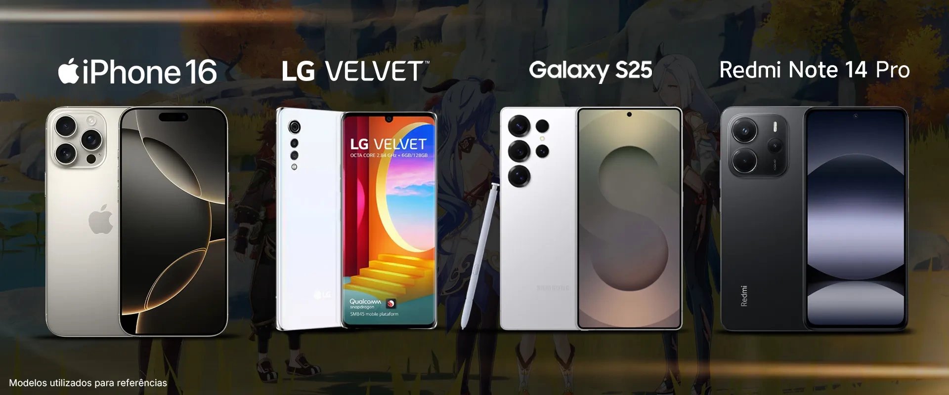 Da esquerda para direita, imagem dos seguintes smartphones: iPhone 16, LG Velvet, Galaxy S25, e Redmi Note 14 Pro