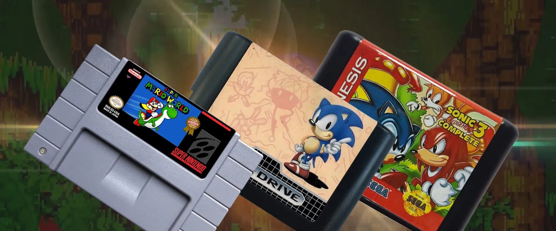 Imagem dos cartuchos de Super Mario World para SNES, Sonic e Sonic 3 para Mega Drive