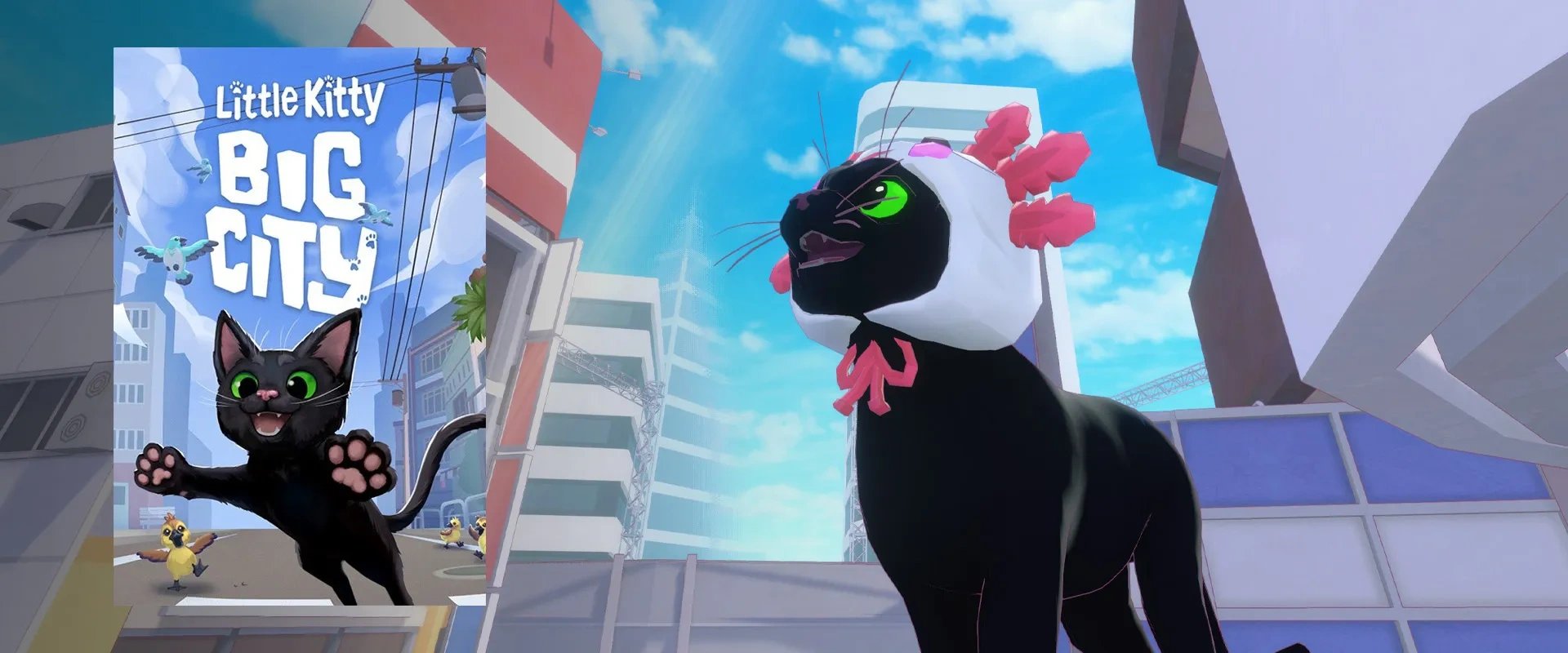 Imagem da capa do jogo Little Kitty, Big City à esquuerda imagem do jogo ao fundo