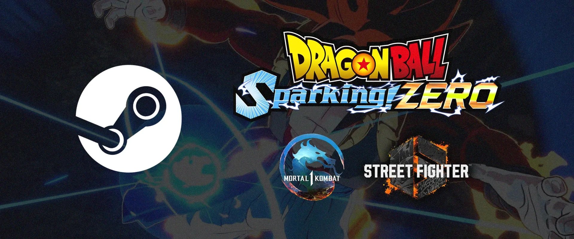 Icones da Steam à esquerda, logos dos jogos Mortal Kombat e Street Fighter VI à direita, e o logo de Dragon Ball Sparking Zero acima 