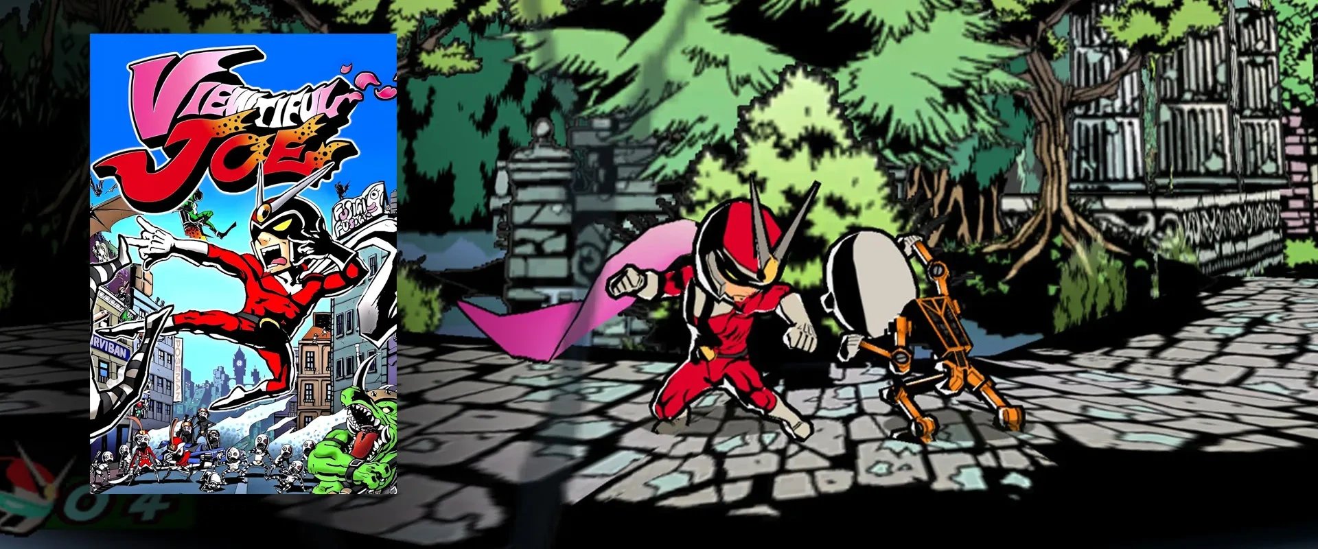 Capa do jogo Viewtiful Joe à esquerda e imagem do jogo ao fundo