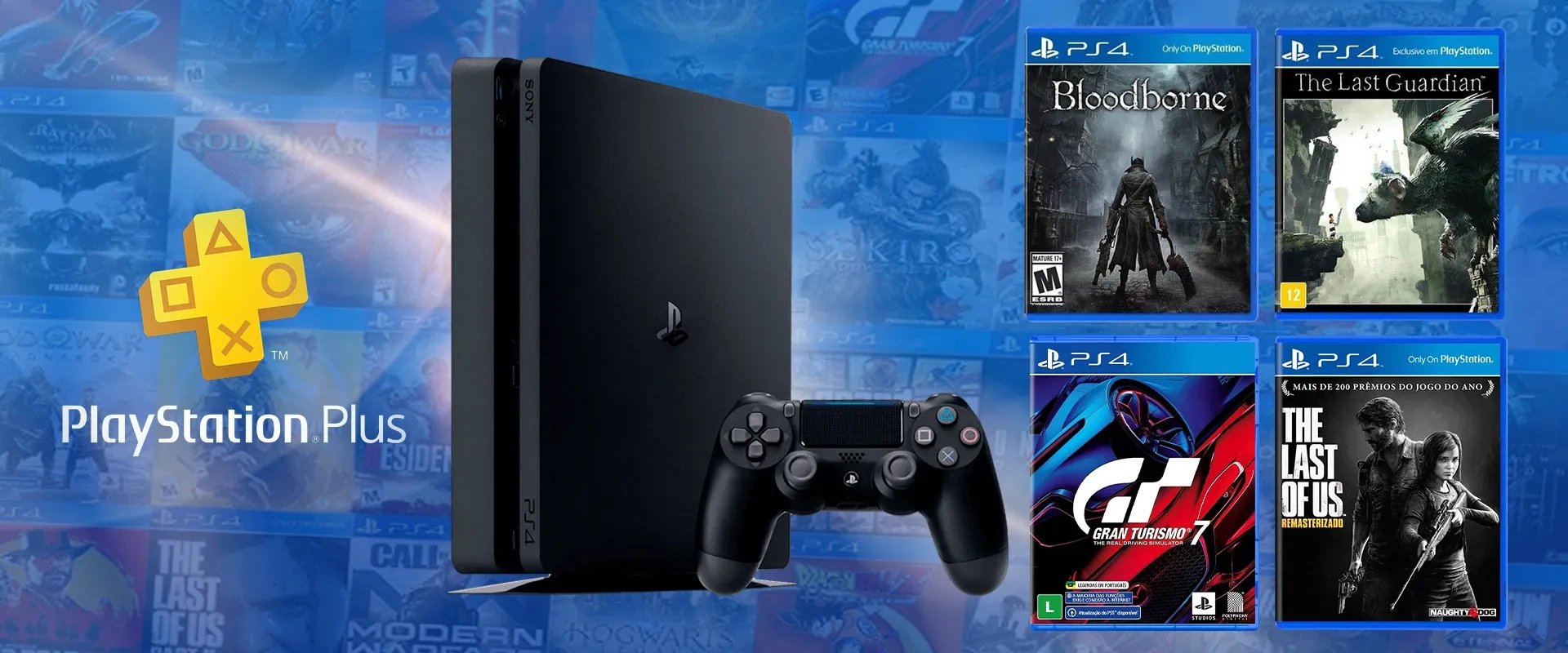 Imagem do logo da PlayStation Plus à esquerda, Imagem do PlayStation 4 Pro e Capa dos jogos Gran Turismo 7, Bloodborne, The Last Guardian e The Last Of Us Remastered