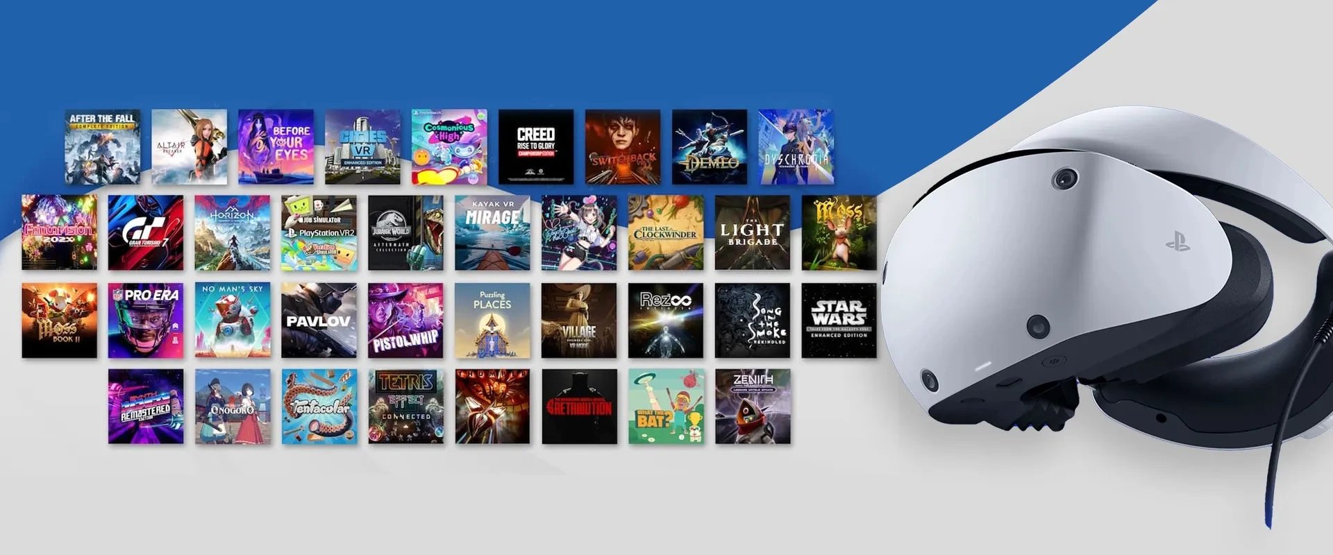 Imagem com diversas de capas de jogos à esquerda e imagem do PSVR2 à direita