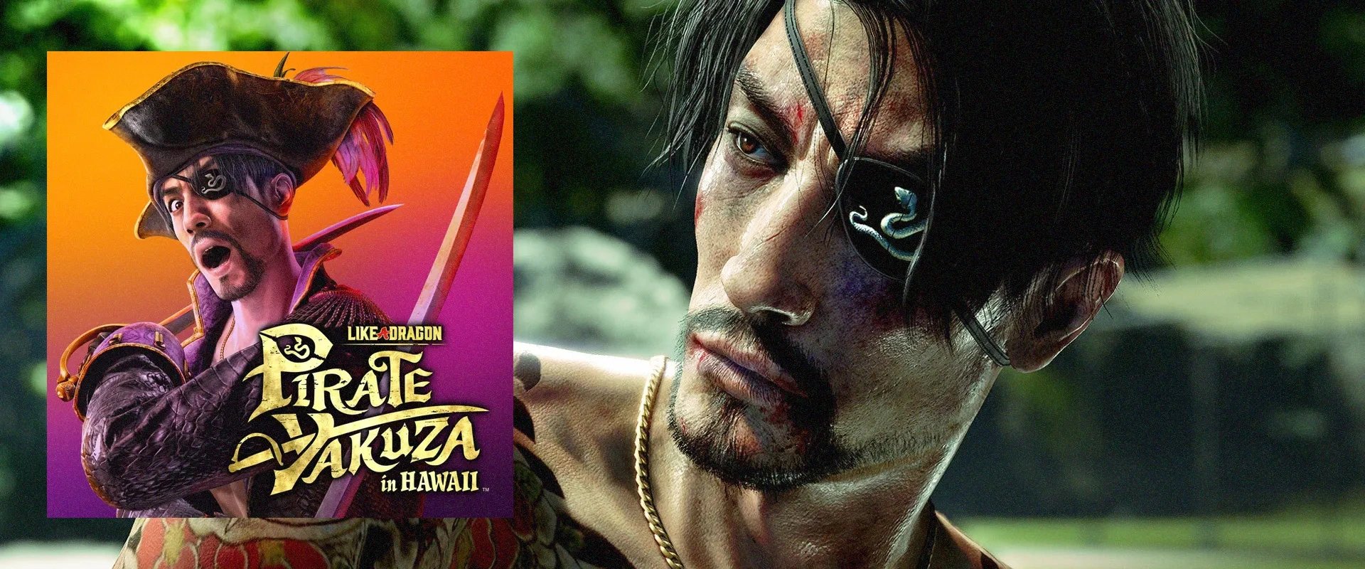 Capa de Like a Dragon: Pirate Yakuza in Hawaii à esquerda e imagens do trailer ao fundo