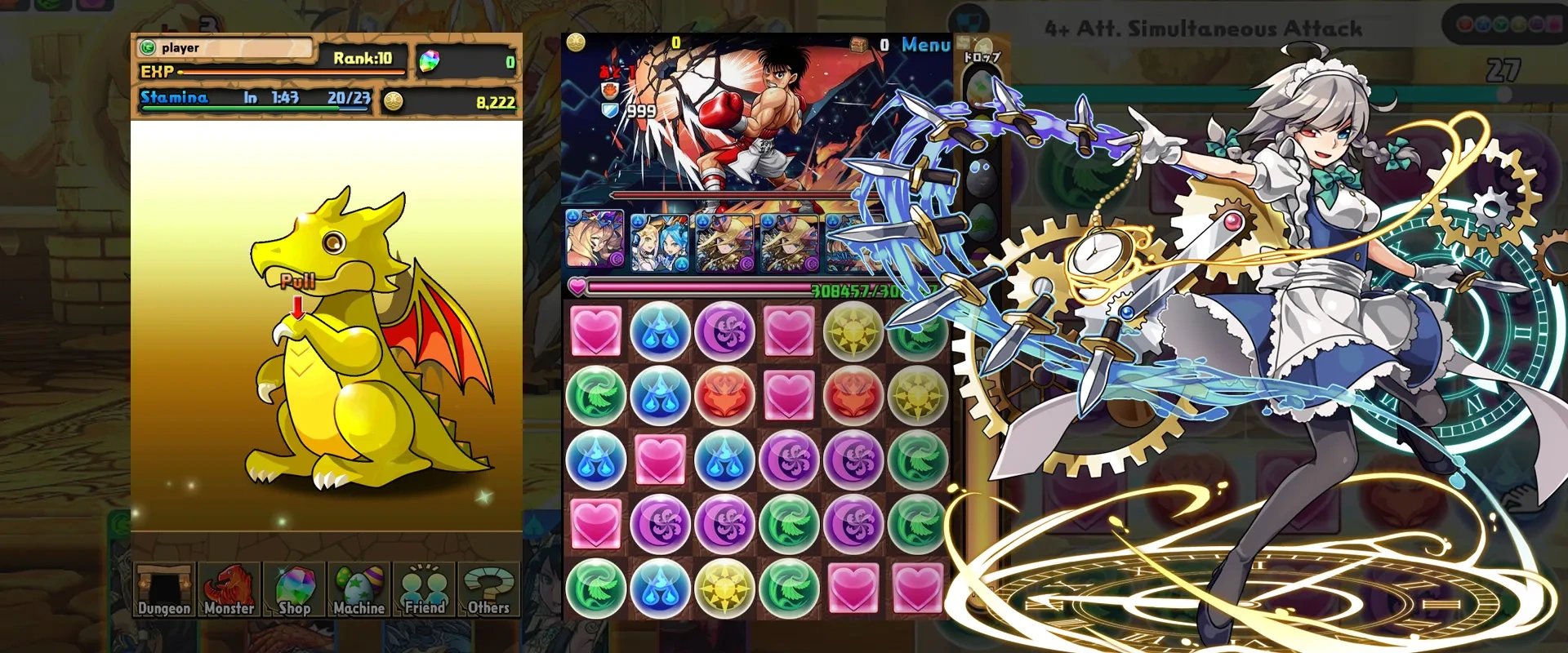 Imagem do jogo Puzzle & Dragons, mostrando jogabilidade, personagens e colaborações