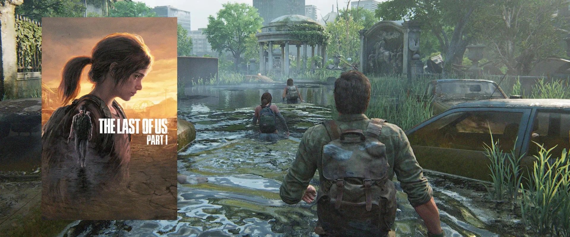 Capa do jogo The Last of Us part 1 à esquerda e imagem do jogo ao fundo