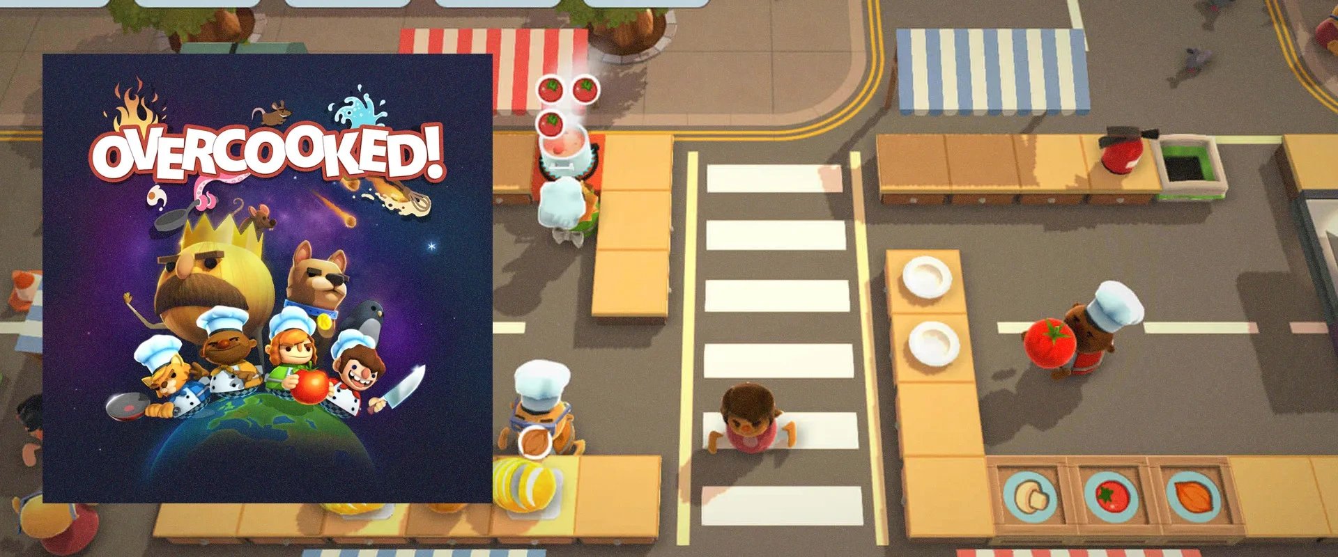 Capa do jogo Overcooked à esquerda e imagem do jogo ao fundo