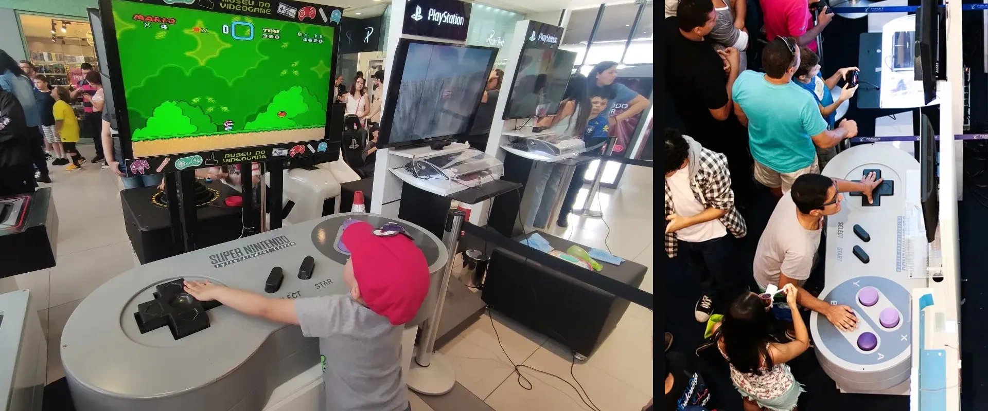 Imagem de um garoto jogando Super Mario World em um controle de Super NES gigante, à direita é uma imagem aérea de um homem jogando no mesmo controle