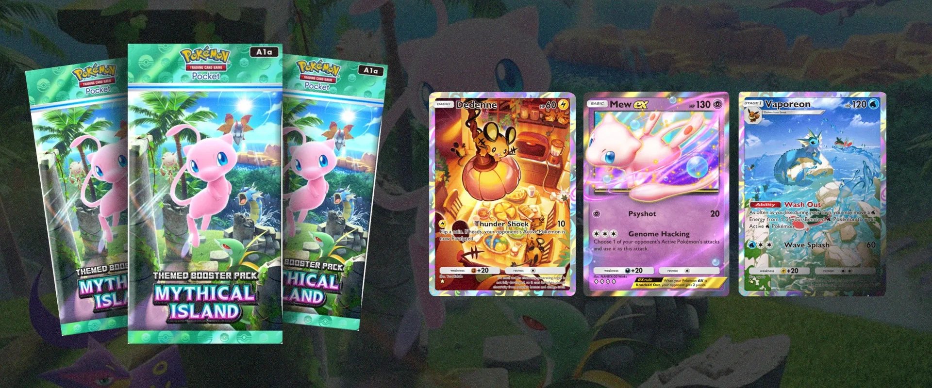 Imagem de pacotes de carta da mini expansão do jogo Pokemon TCG Pokect à esquerda e três cartas do jogo à direita