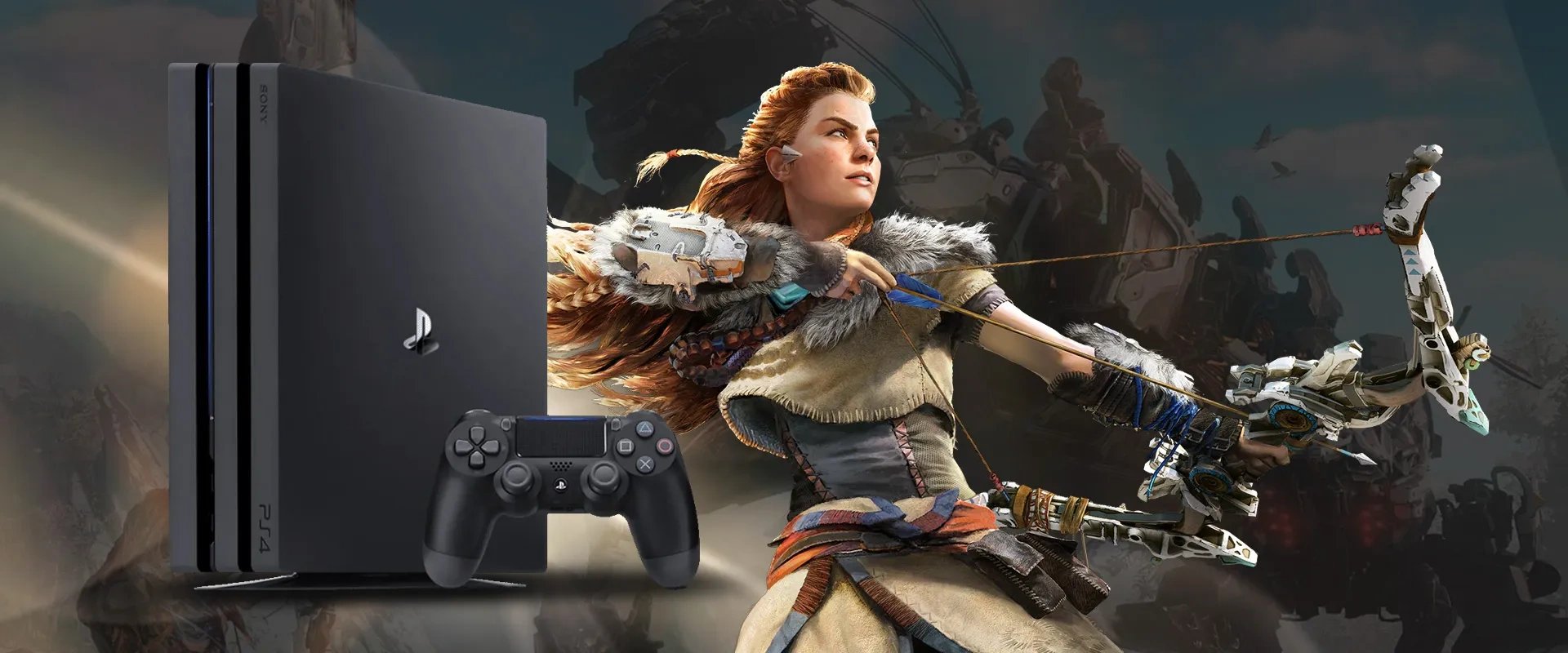 Imagem de PlayStation 4 Pro à esquerda e imagem da protagonista de Horzion à direita