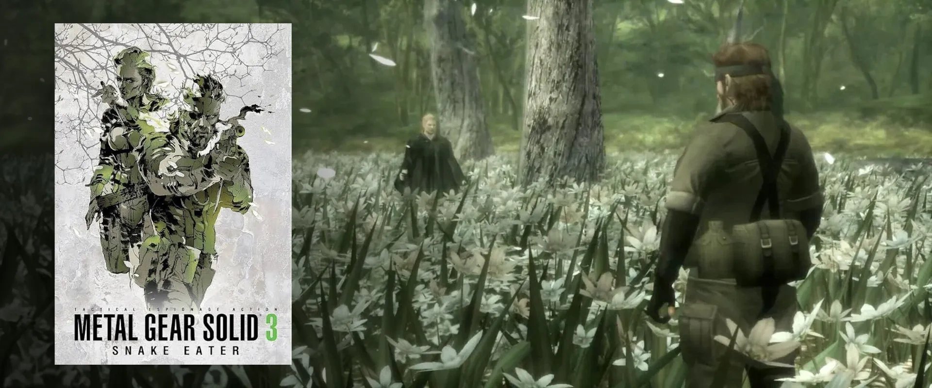 Capa de Metal Gear Solid 3 à esquerda e imagem do jogo à direita