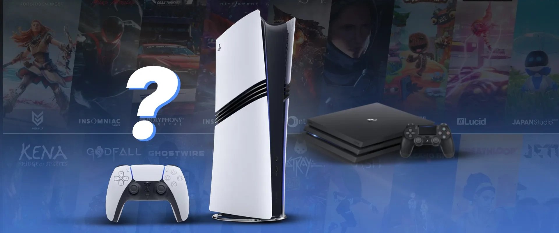 Imagem mostrando vários jogos da PlayStation ao fundo e a imagem de um PS5 e PS4 ao centro