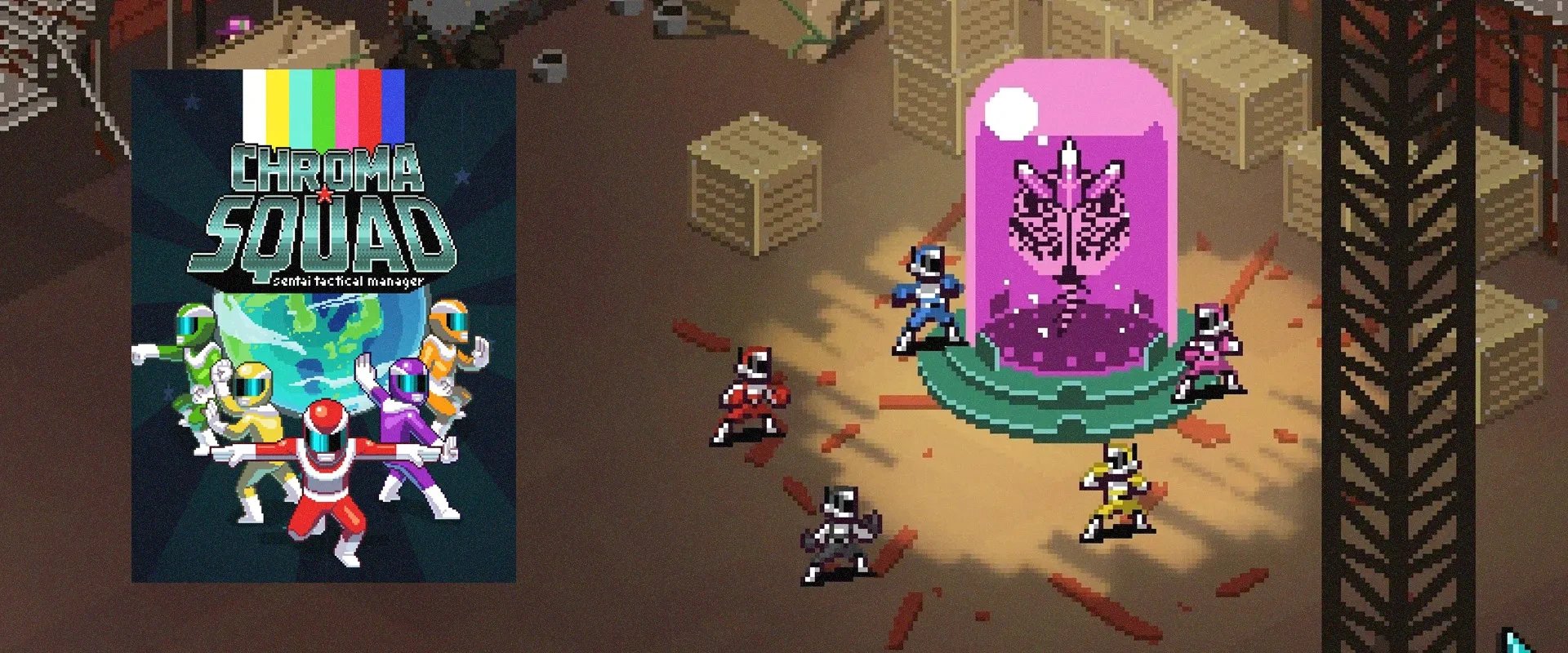 Capa de Chroma Squad à esquerda, e imagem do jogo ao fundo