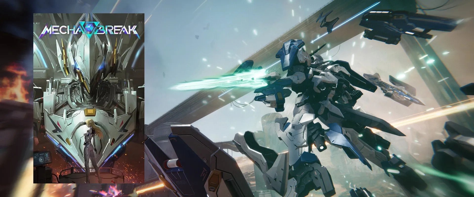 Capa de Mecha: Mecha Break à esquerda e imagem do trailer ao fundo