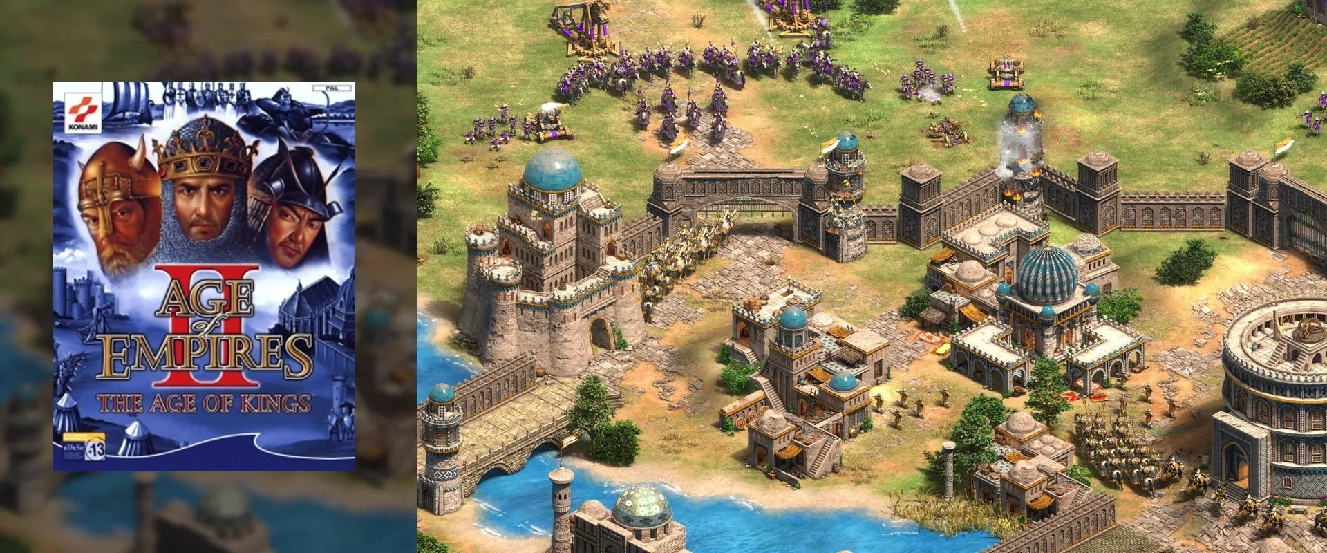 Imagem da capa de  Age of Empires II à esquerda e imagem da jogabilidade de Age of Empires II à direita
