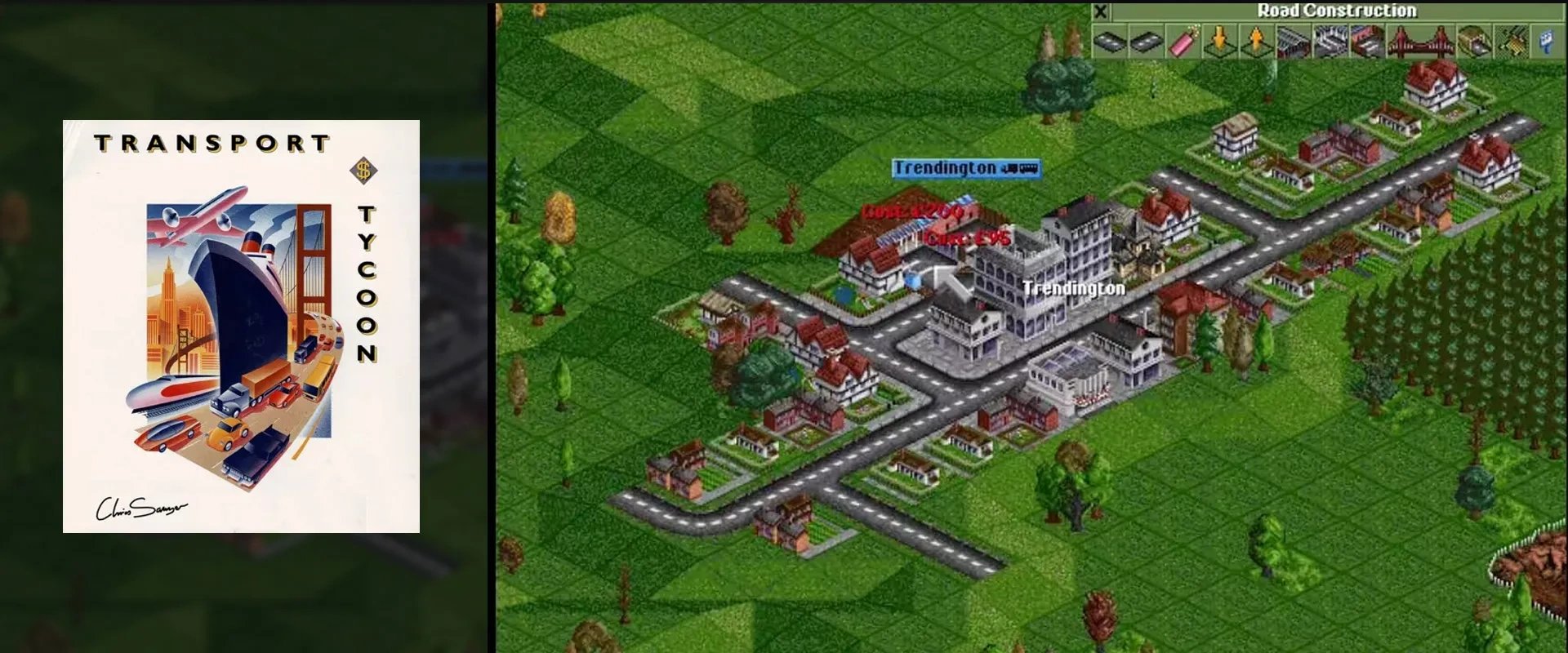 Imagem da capa do jogo Transport Tycoon à esquerda e imagem do jogo à direita
