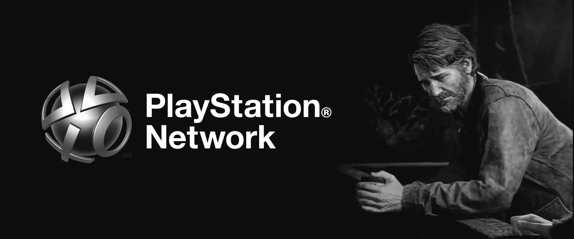 Imagem do PlayStation Network em preto e branco com Joel de The Last of Us Part II à direita