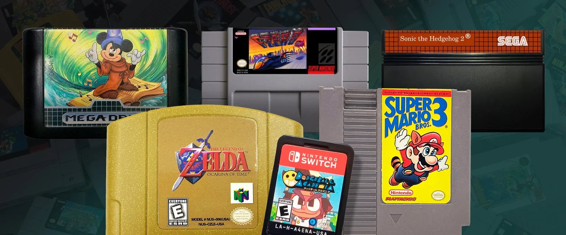 Imagem com diversos tipos de cartuchos para consoles diferentes