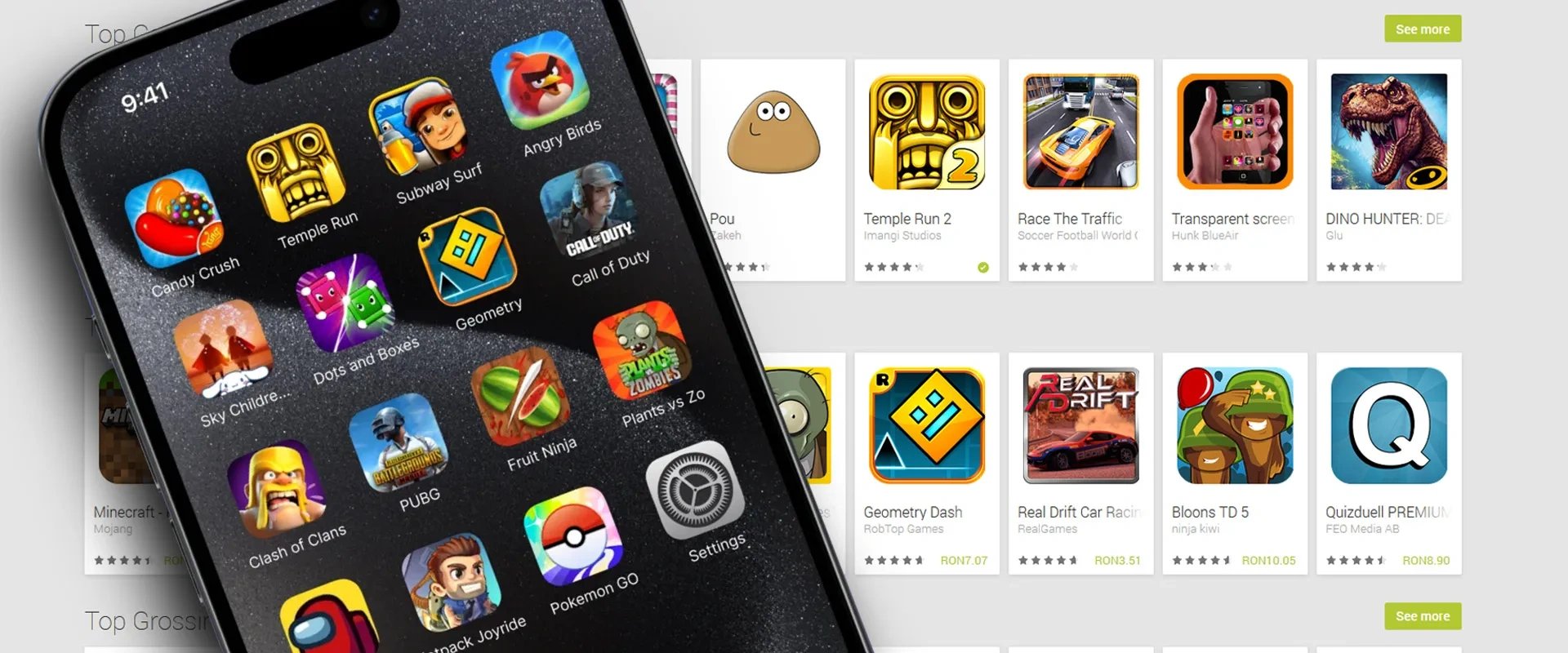Imagem mostrando um iPhone com diversos jogos instalados e a loja de jogos da play store