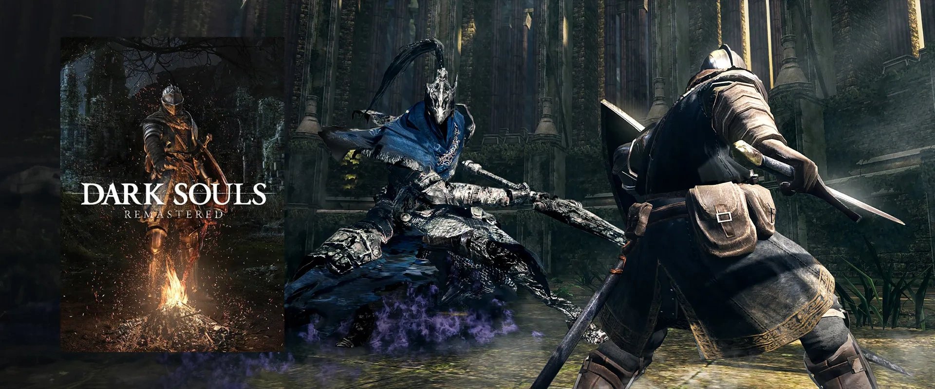 Capa de Dark souls Remastered à esquerda e imagem do jogo ao fundo