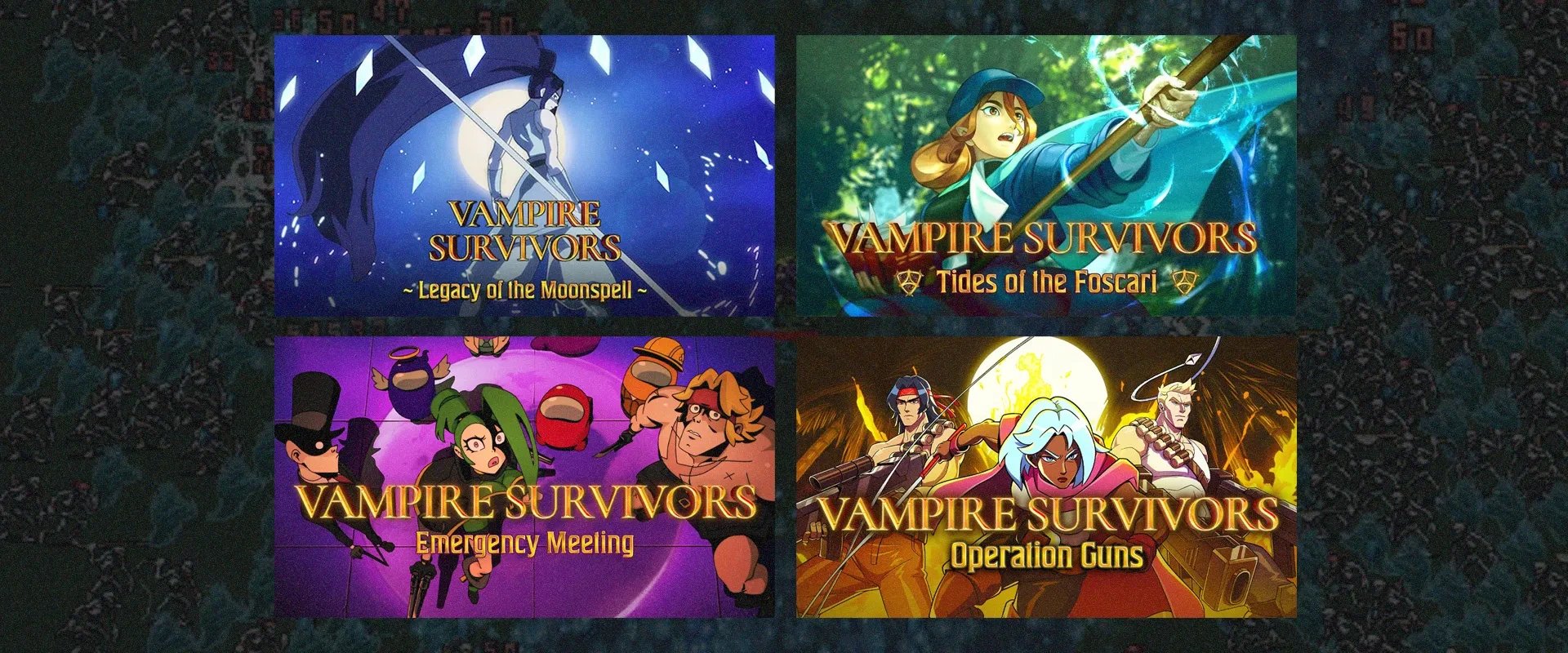 Imagem da cada de cada umas das DLC já lançadas do jogo, em sentido horário: Legacy of Moon Spell, Tides of the Foscari, Emergency meeting e Operation Guns  