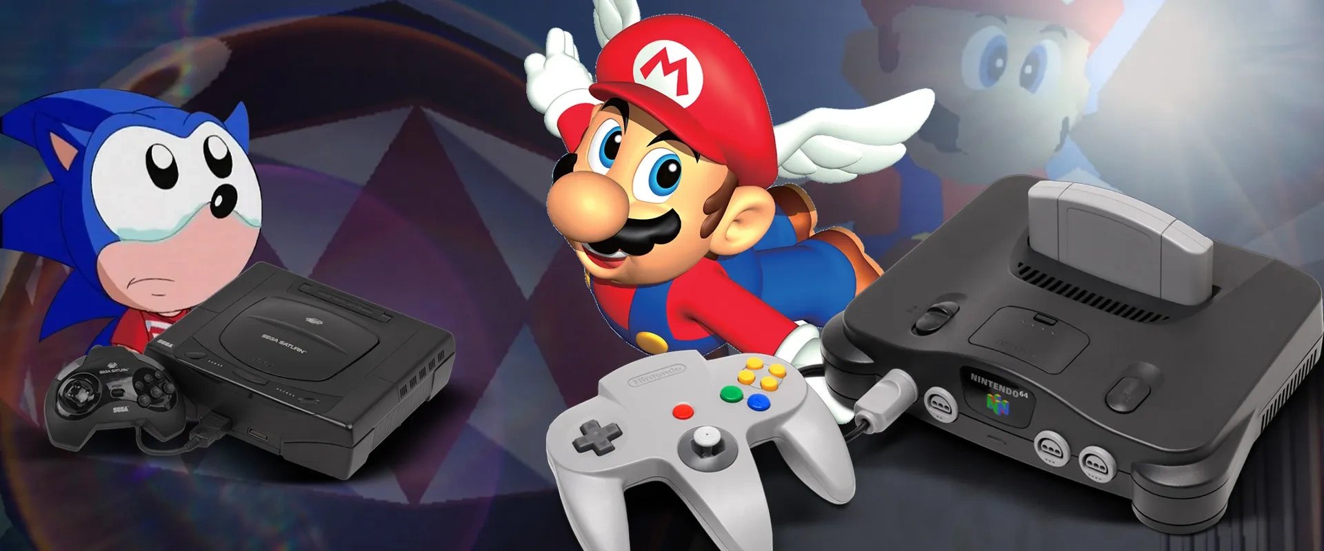 Imagem mostrando Sonic e um SEGA Saturn à esquerda e imagem de Mario e um Nintendo 64 à direita