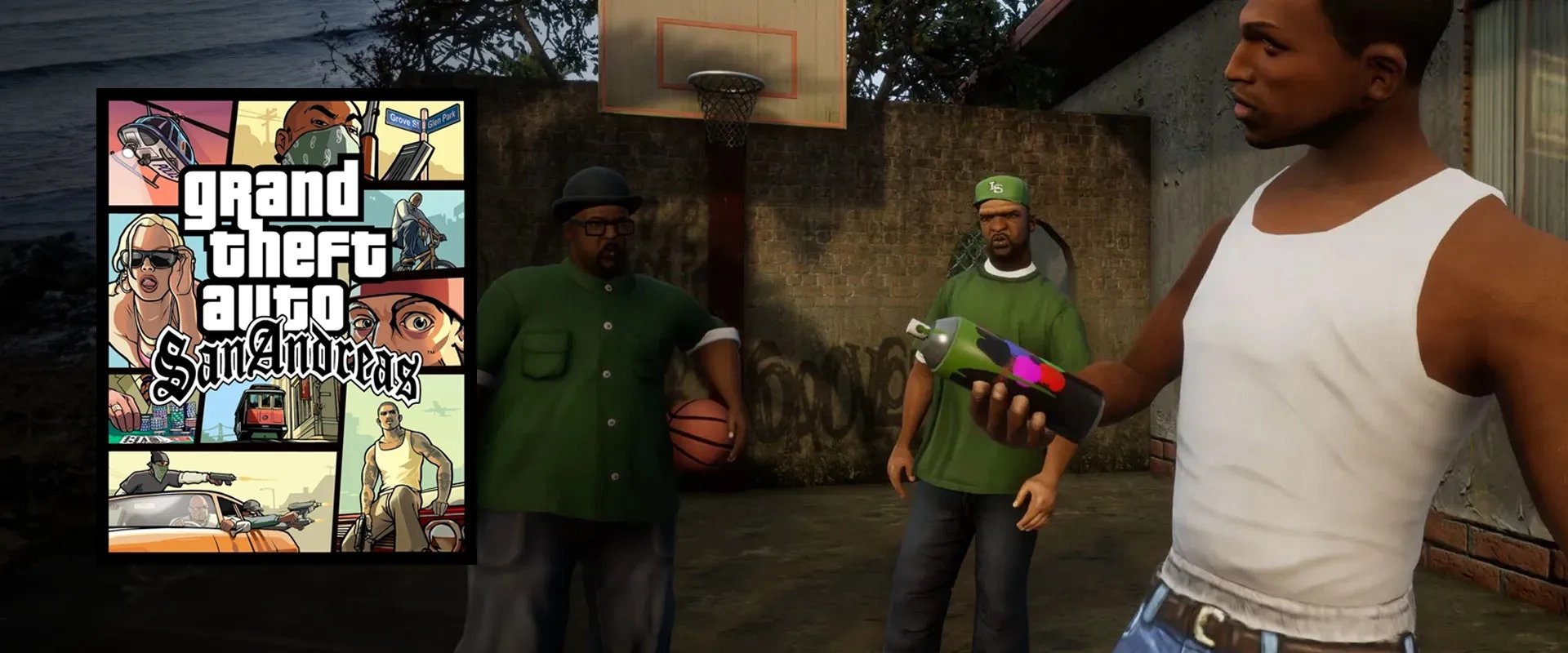 Capa de Grand Theft Auto San Andreas à esquerda e imagem do jogo à direita