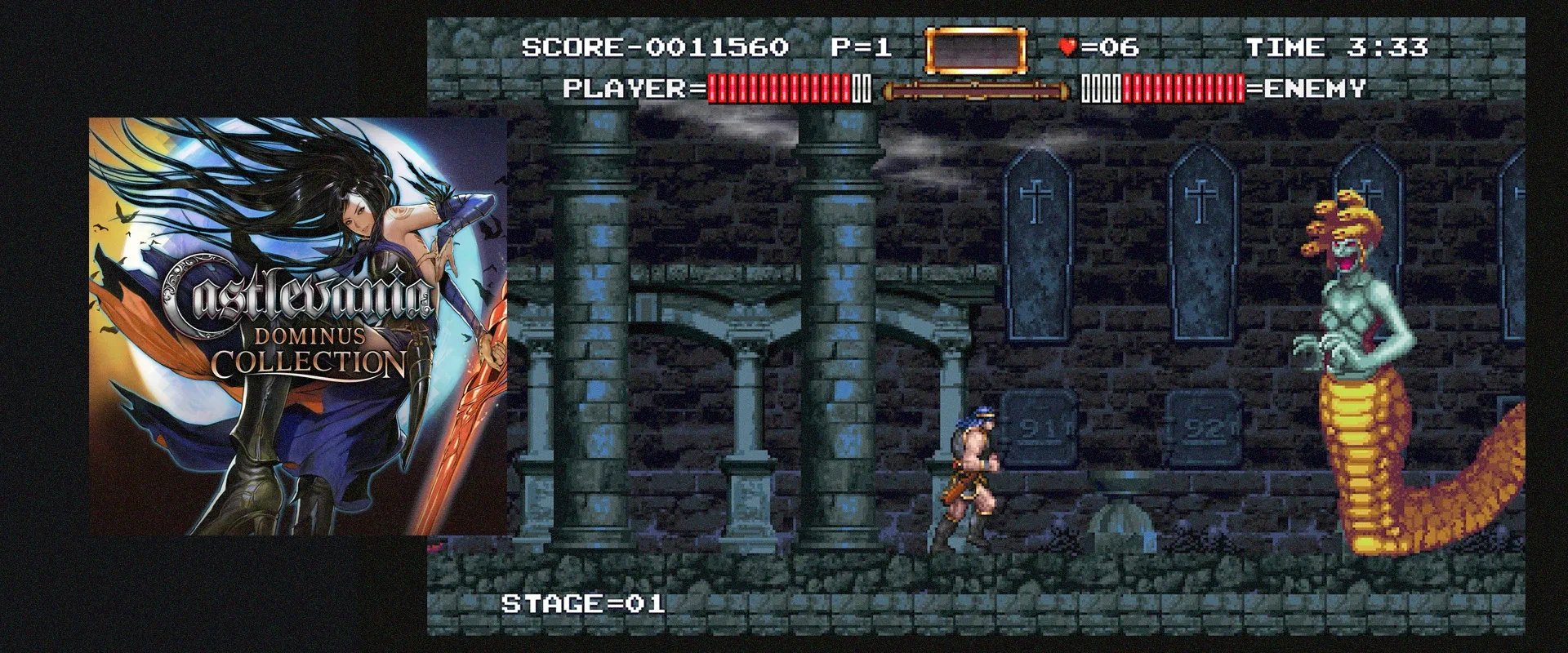 Capa de Castlevania Dominus Collection à esquerda imagem do jogo ao fundo