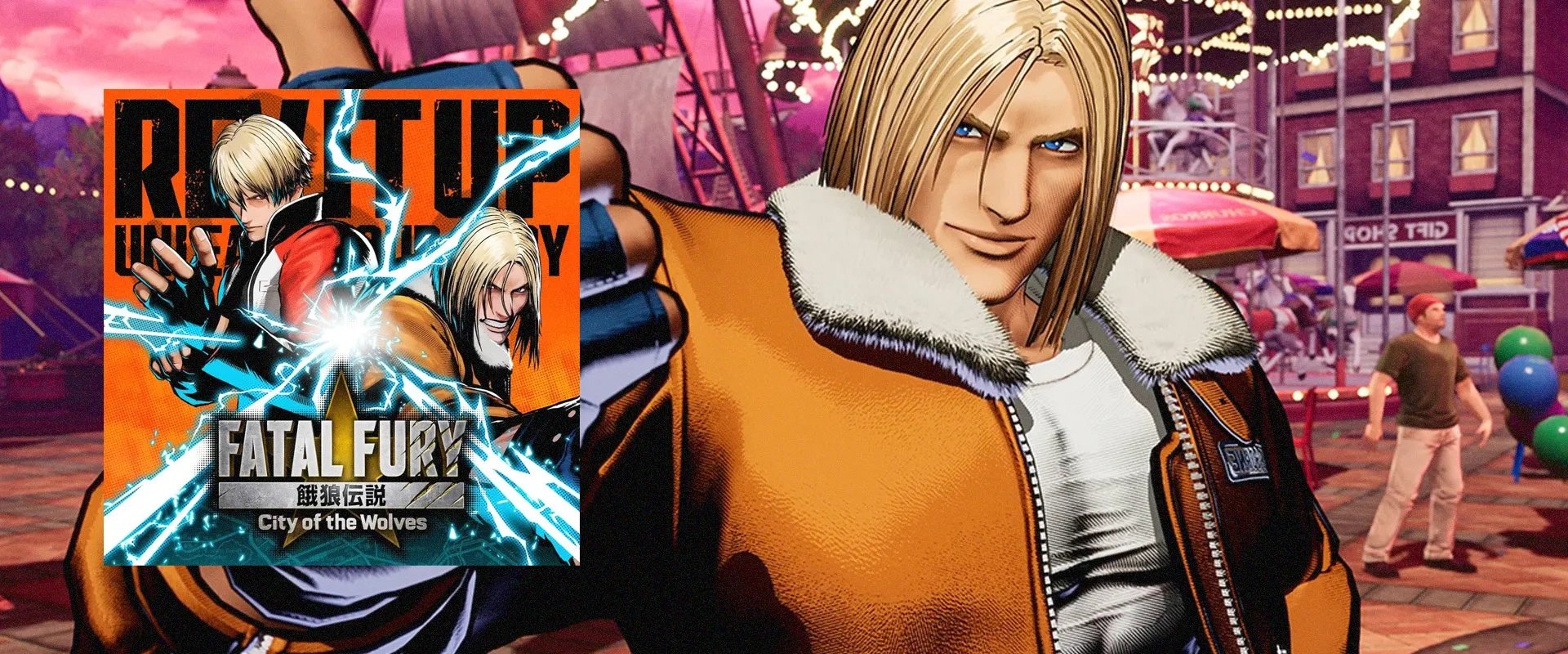 Capa de Fatal Fury: City of the Wolves à esquerda e imagem do personagem Terry Bogard ao fundo