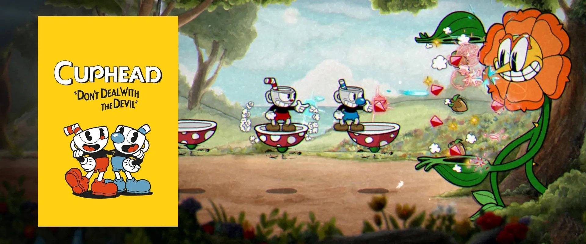 Capa de Cuphead à esquerda e imagem do jogo ao fundo