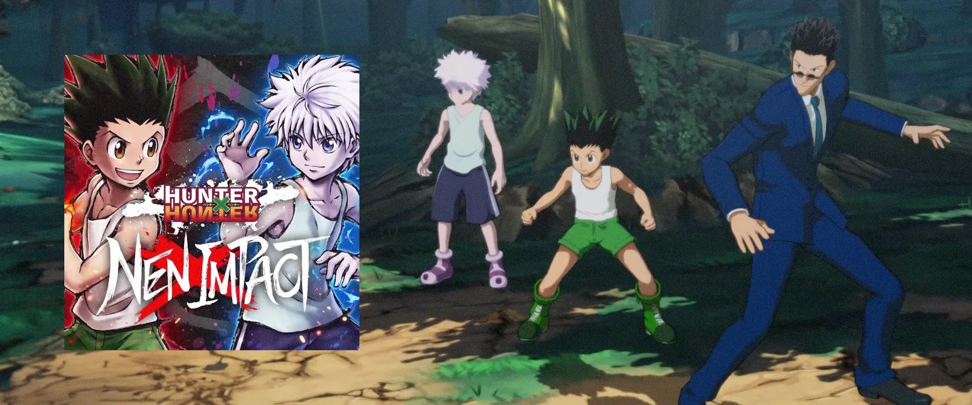 Capa de Hunter x Hunter Nen Impact à esquerda e imagem do jogo ao fundo