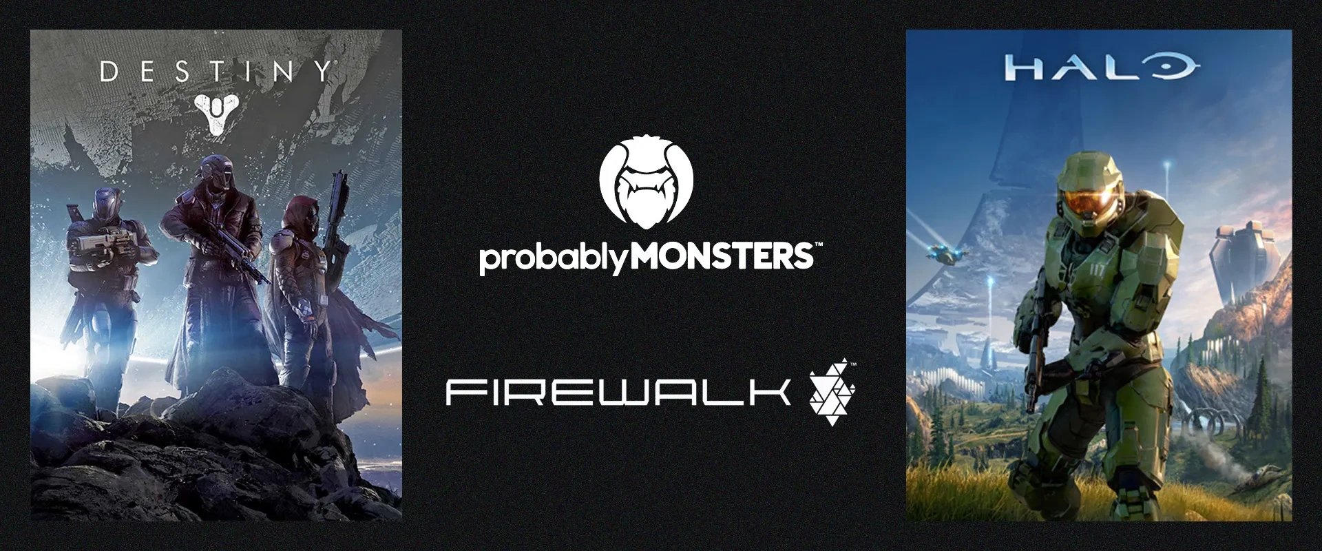 Capa de Destiny à esquerda , logos de ProbablyMonsters e Firewalk Studios, e à direita capa de Halo: Combat Evolved
