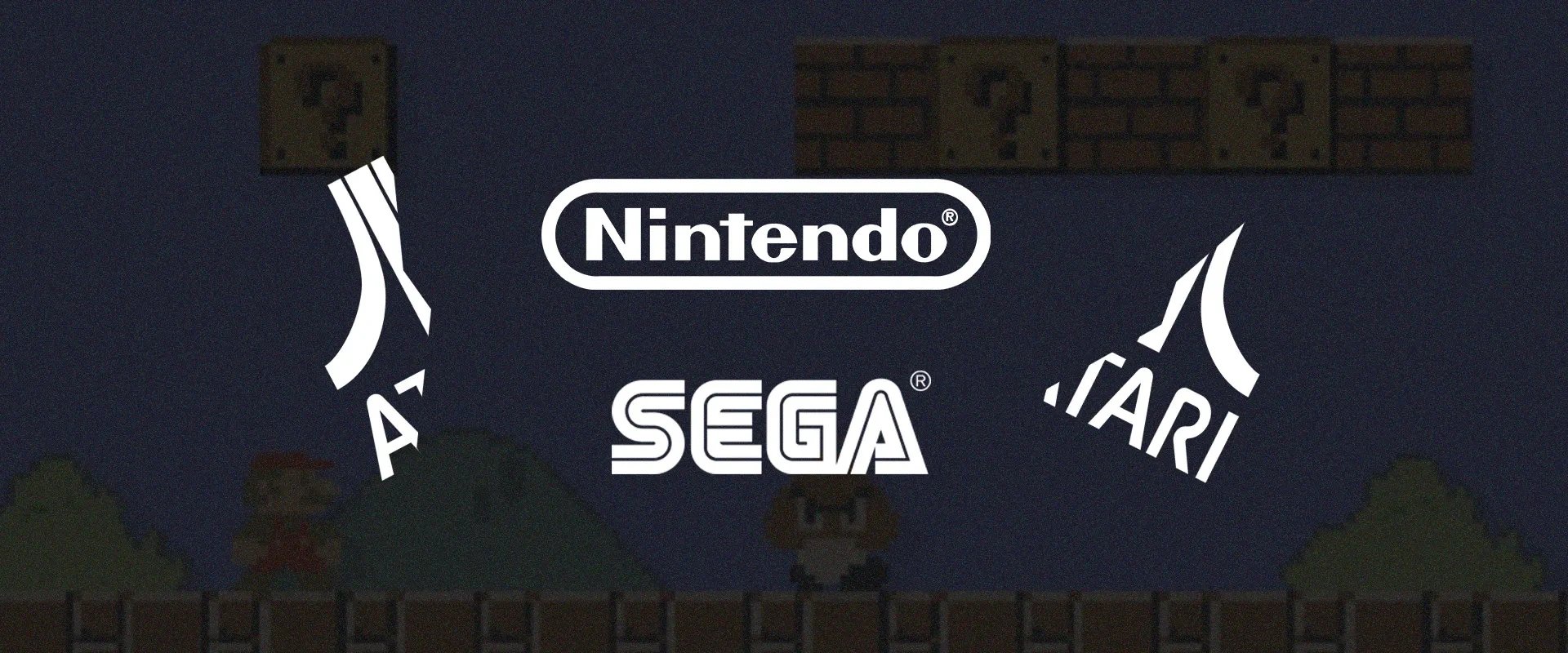 Logo da Atari cortado ao meio com os logos da Nintendo e SEGA ao centro, com o fundo do jogo Super Mario Bros.