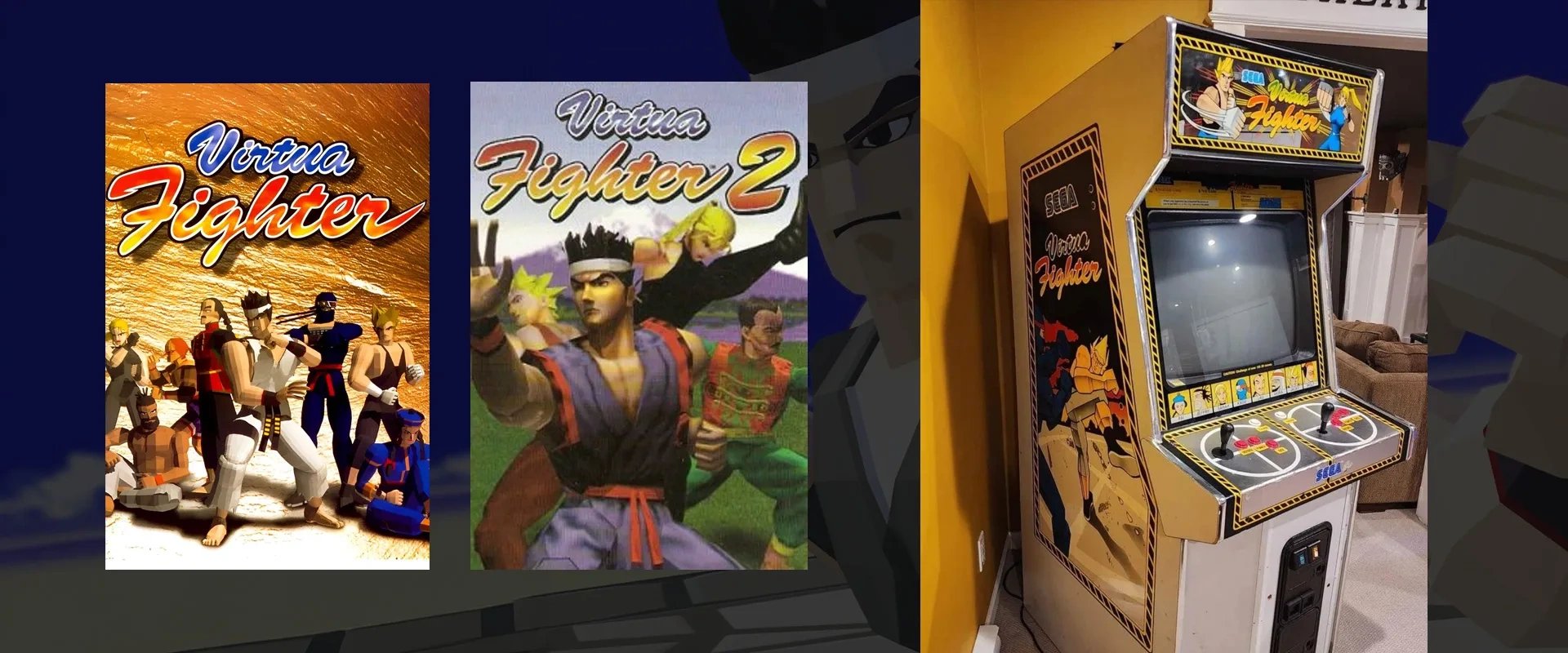 Capa de Virtua Fighter e Virtua Fighter 2 á esquerda, e um gabinete arcade do Virtua Fighter à direita