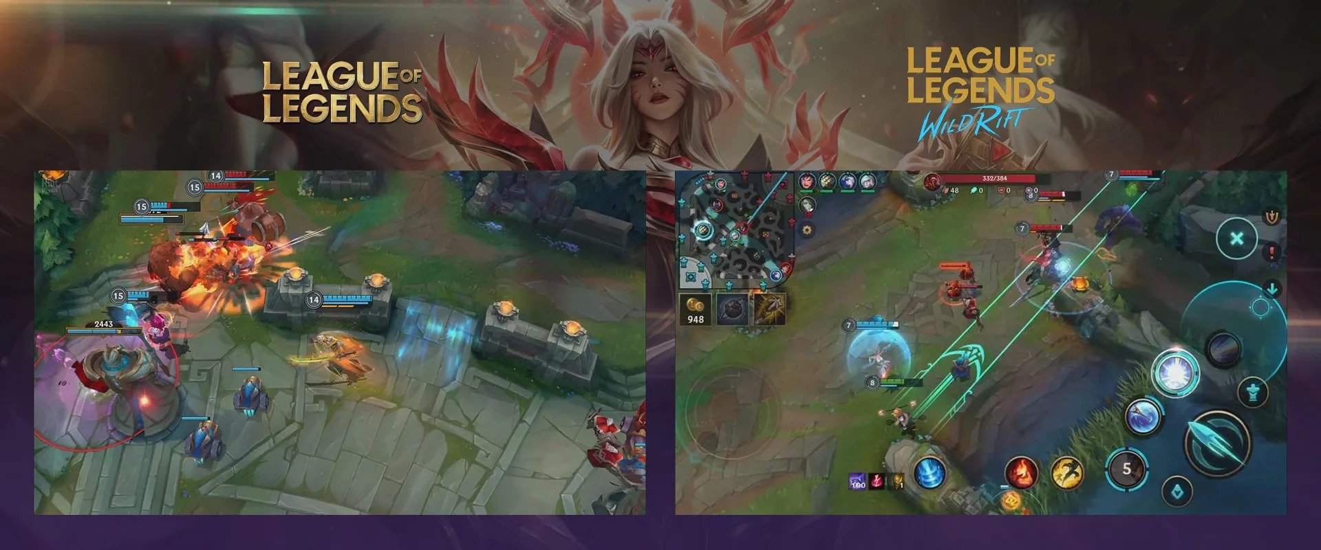 logo dos jogos league of Legends e League of Legends: Wild Rift, com imagem da jogabilidade de cada versão