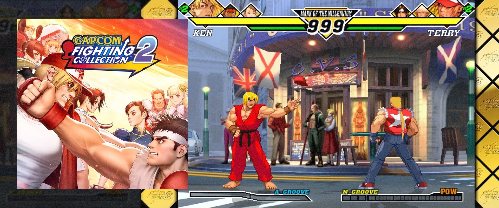 Capa de Capcom Fighting Collection 2 à esquerda, e imagens de um dos jogos incluidos; Capcom Vs. SNK 2 à direita